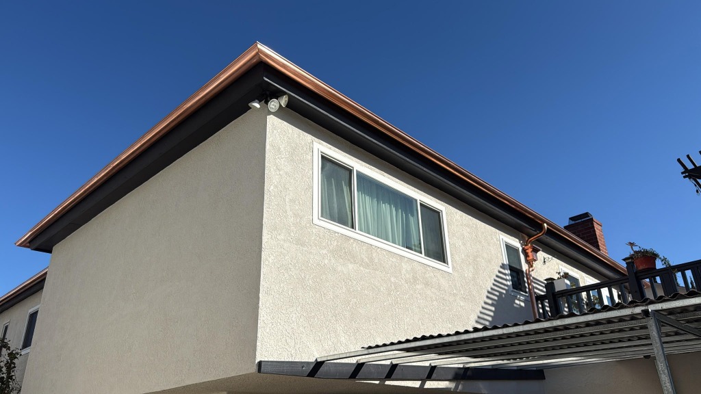 Copper gutter and fascia installation - wide angle view
